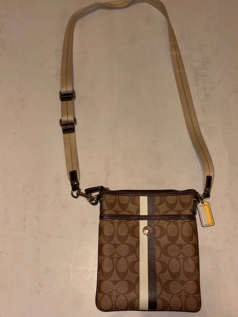 Coach Brown Signature Crossbody Bag with Stripe Accent